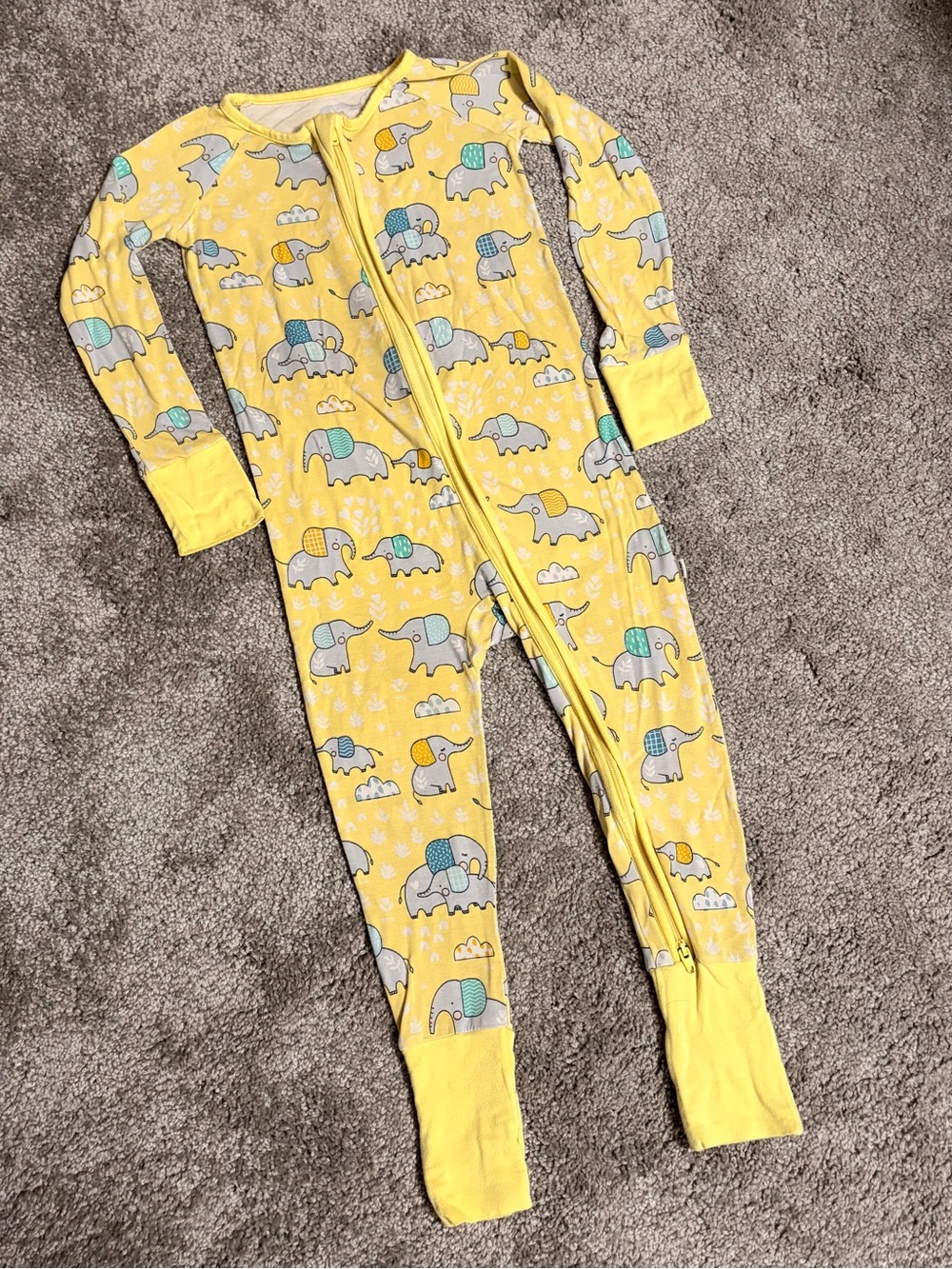 Yellow Elephant Print Kids One-Piece Bamboo Pajamas